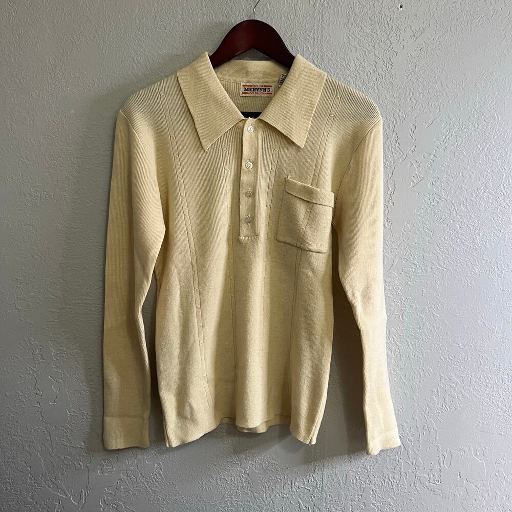 Vintage‎ Mervyns Sweater Mens M Striped Knit Polo 70s Beige Cream Brown Cosby
